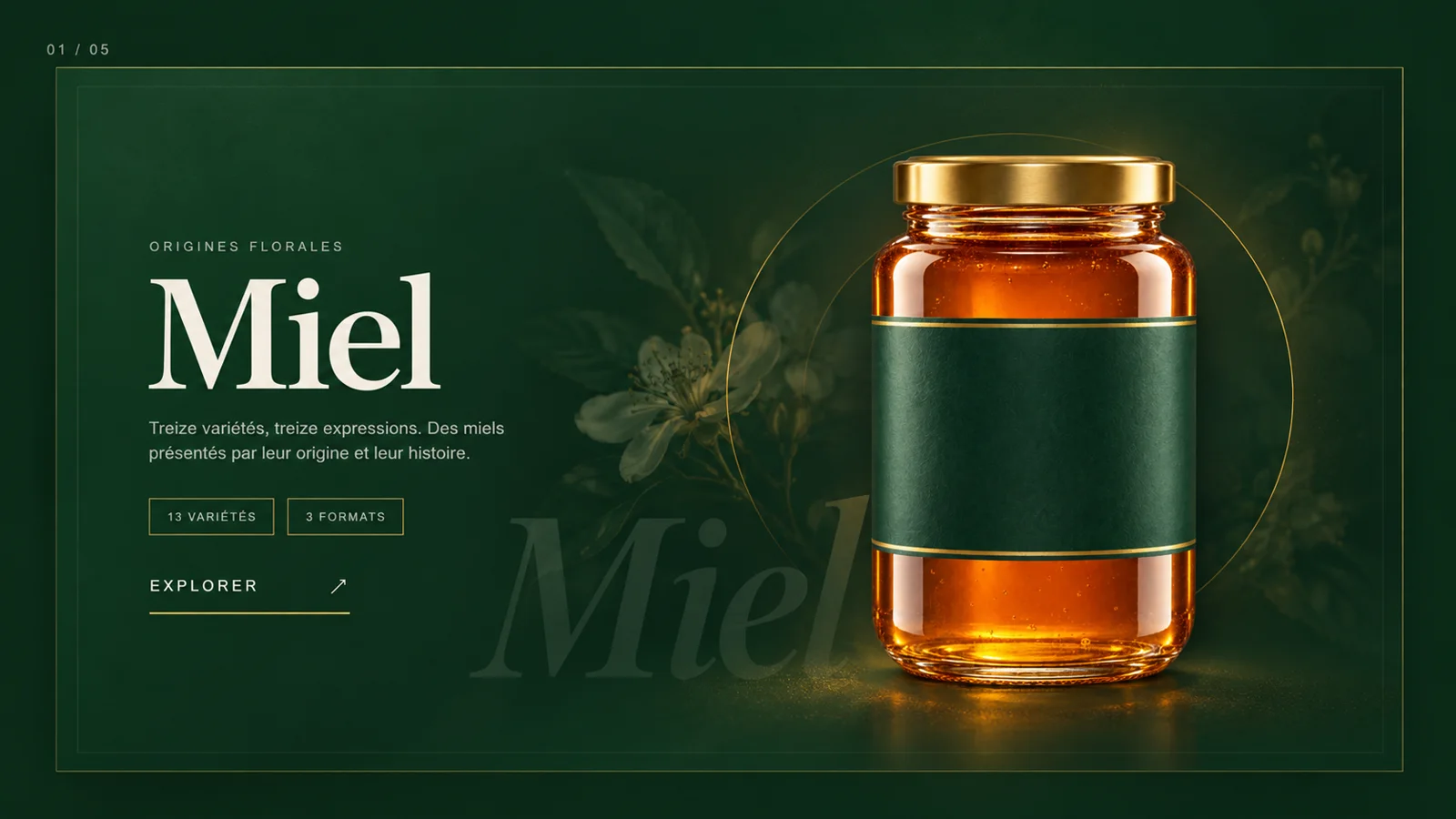 Pot de miel MIELOR dans un univers botanique doré
