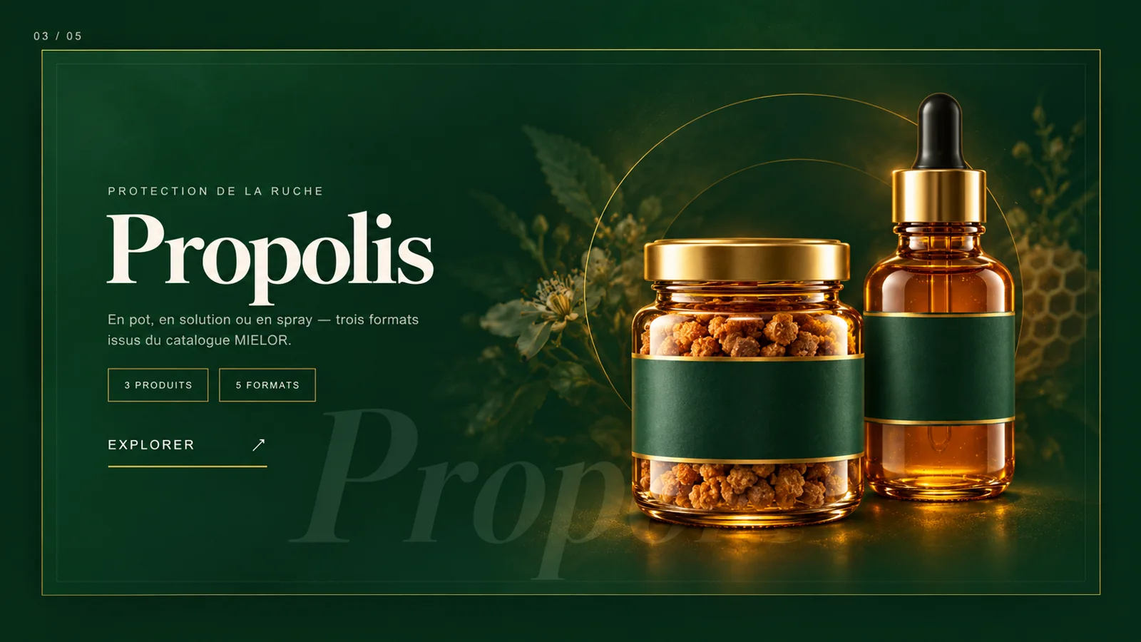 Collection de propolis MIELOR dans un univers botanique doré